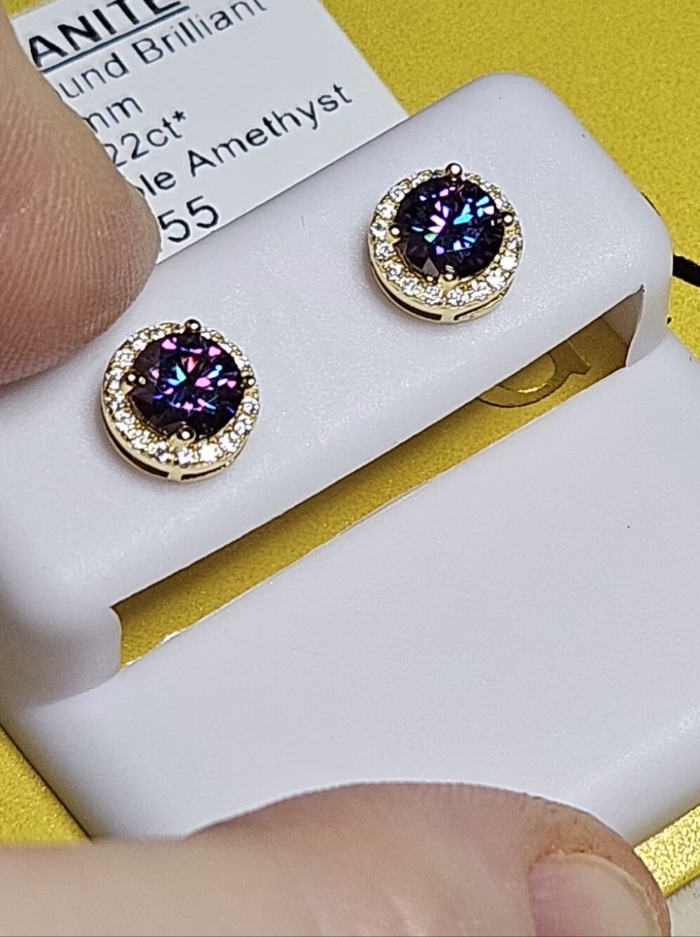 Moissanite Purple Amethyst Round Halo Stud Earrings - Sterling Silver - Picture 10 of 14